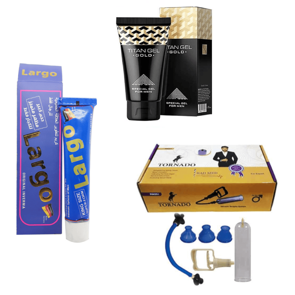 پکیج حجم دهنده و افزایش سایز (کرم حجم دهنده لارگو + ژل حجم دهنده و افزایش سایز تیتان گلد + تورنادو طلایی گرید A)