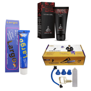 پکیج حجم دهنده و افزایش سایز (کرم حجم دهنده لارگو + ژل حجم دهنده و افزایش سایز تیتان مشکی + تورنادو طلایی گرید A)